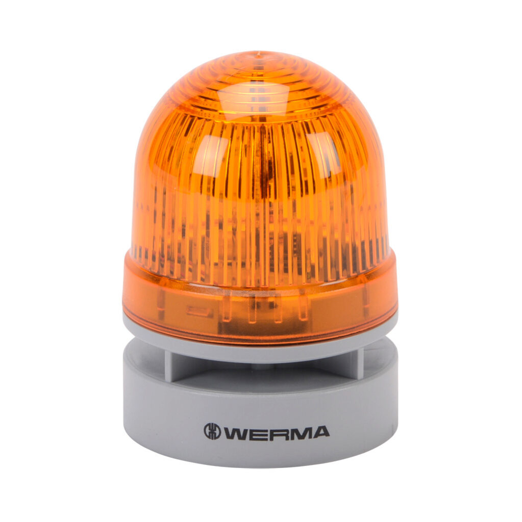 46031075 - WERMA EvoSIGNAL Mini TwinLIGHT series LED audible-visual signal beacon, 95 dB at 1m, continuous/pulse tone(s), permanent or blinking (1 Hz ON for 470ms), yellow, 62mm, 24 VAC/VDC, IP66. Requires mounting adapter.