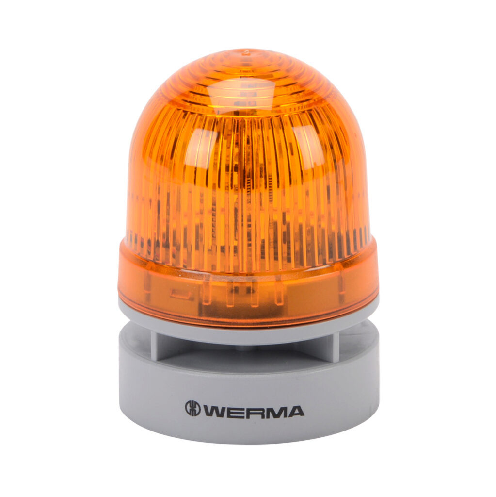 46032060 - WERMA EvoSIGNAL Mini TwinFLASH series LED audible-visual signal beacon, 95 dB at 1m, continuous/pulse tone(s), double flash or EVS (Enhanced Visibility System) flashing (random flashing), yellow, 62mm, 115-230 VAC, IP66. Requires mounti...
