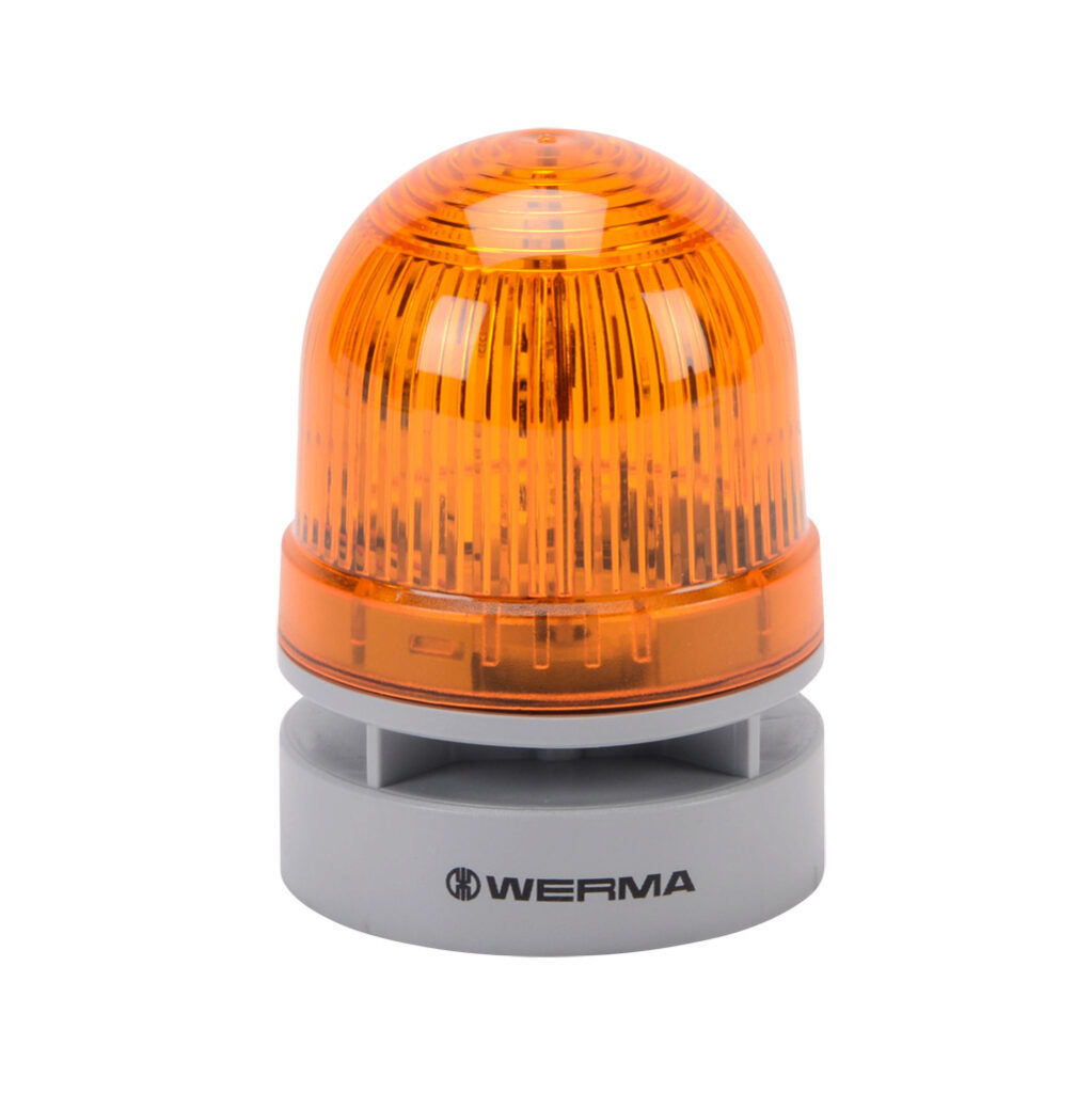 46032074 - WERMA EvoSIGNAL Mini TwinFLASH series LED audible-visual signal beacon, 95 dB at 1m, continuous/pulse tone(s), double flash or EVS (Enhanced Visibility System) flashing (random flashing), yellow, 62mm, 12 VAC/VDC, IP66. Requires mountin...