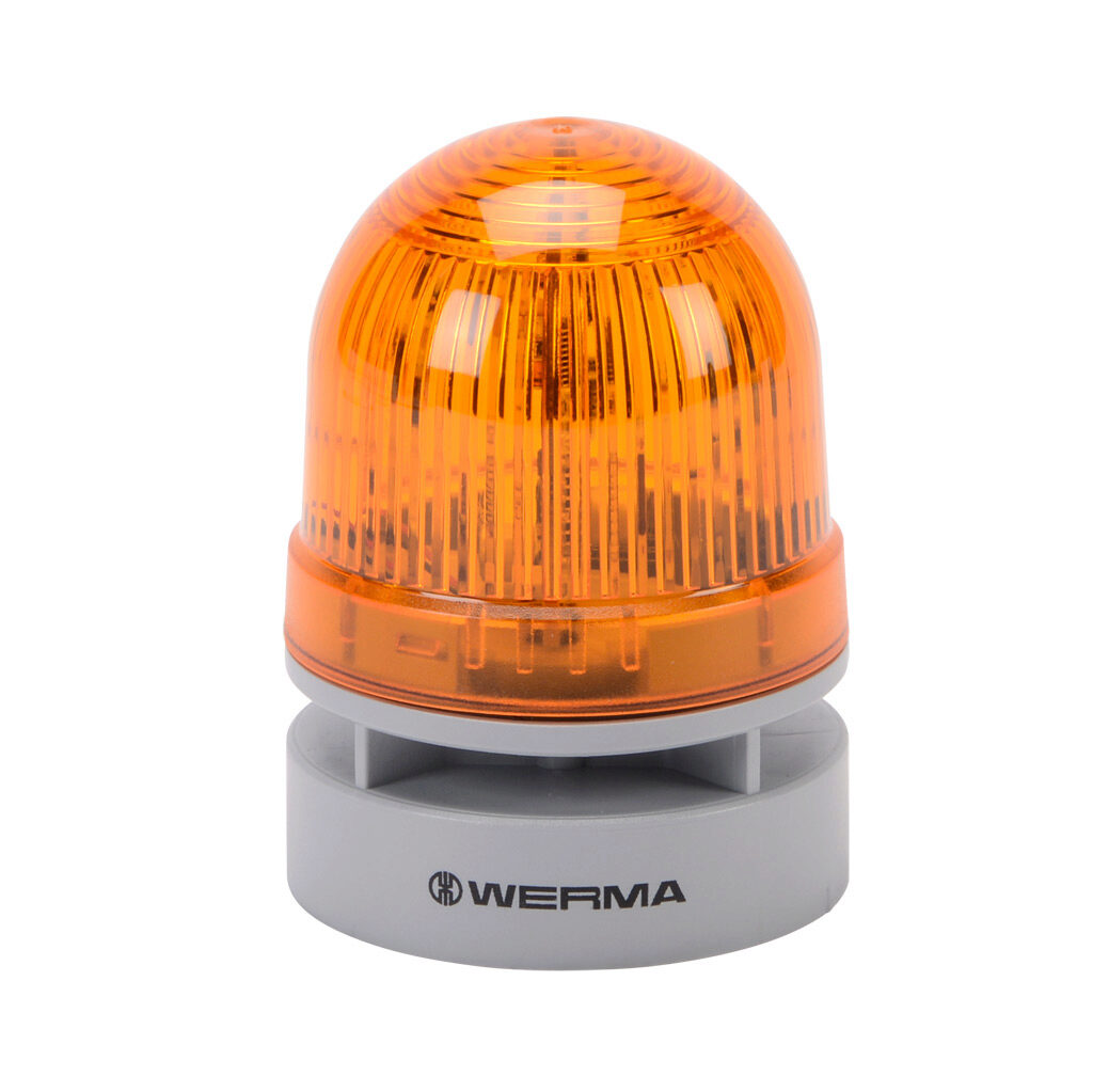 46032075 - WERMA EvoSIGNAL Mini TwinFLASH series LED audible-visual signal beacon, 95 dB at 1m, continuous/pulse tone(s), double flash or EVS (Enhanced Visibility System) flashing (random flashing), yellow, 62mm, 24 VAC/VDC, IP66. Requires mountin...