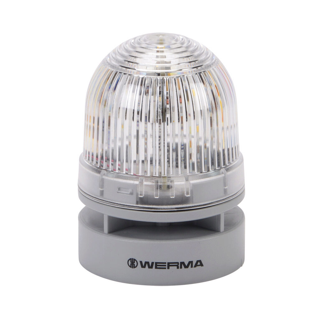 46041060 - WERMA EvoSIGNAL Mini TwinLIGHT series LED audible-visual signal beacon, 95 dB at 1m, continuous/pulse tone(s), permanent or blinking (1 Hz ON for 420ms), clear/white, 62mm, 115-230 VAC, IP66. Requires mounting adapter.