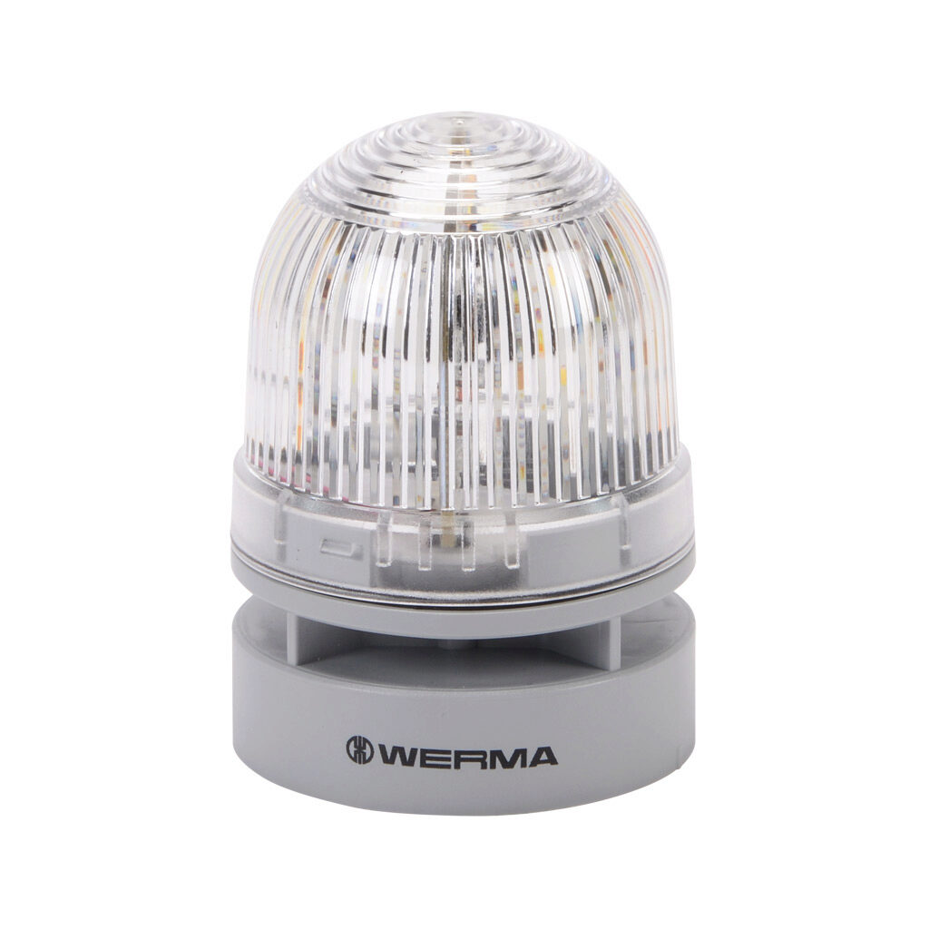 46041074 - WERMA EvoSIGNAL Mini TwinLIGHT series LED audible-visual signal beacon, 95 dB at 1m, continuous/pulse tone(s), permanent or blinking (1 Hz ON for 410ms), clear/white, 62mm, 12 VAC/VDC, IP66. Requires mounting adapter.