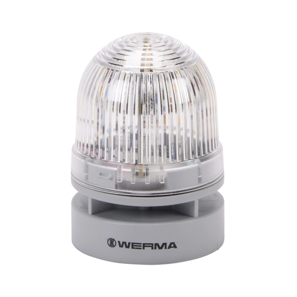 46041075 - WERMA EvoSIGNAL Mini TwinLIGHT series LED audible-visual signal beacon, 95 dB at 1m, continuous/pulse tone(s), permanent or blinking (1 Hz ON for 470ms), clear/white, 62mm, 24 VAC/VDC, IP66. Requires mounting adapter.