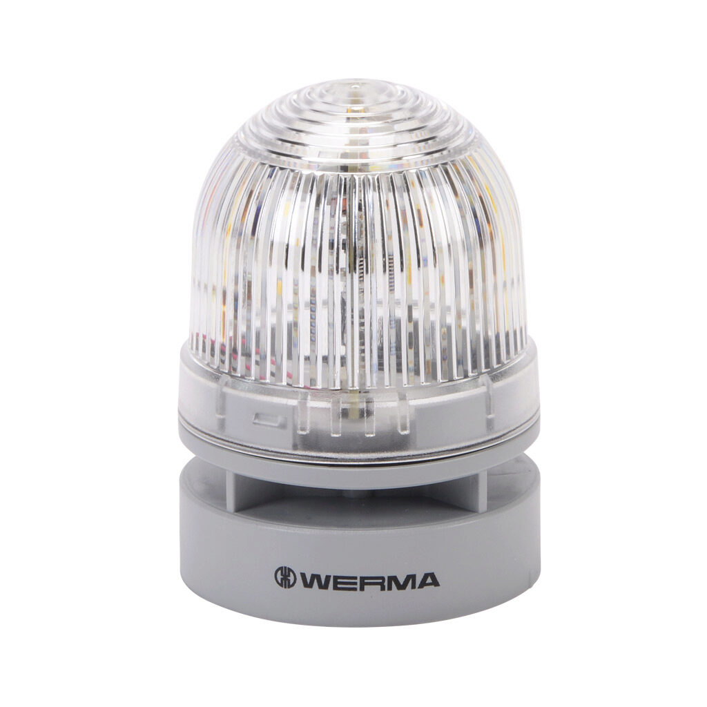 46042060 - WERMA EvoSIGNAL Mini TwinFLASH series LED audible-visual signal beacon, 95 dB at 1m, continuous/pulse tone(s), double flash or EVS (Enhanced Visibility System) flashing (random flashing), clear/white, 62mm, 115-230 VAC, IP66. Requires m...
