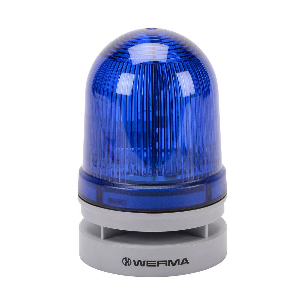 46151060 - WERMA EvoSIGNAL Midi TwinLIGHT series LED audible-visual signal beacon, 110 dB at 1m, (10) selectable tone(s), permanent or blinking (1 Hz ON for 420ms), blue, 85mm, 115-230 VAC, IP66. Requires mounting adapter.
