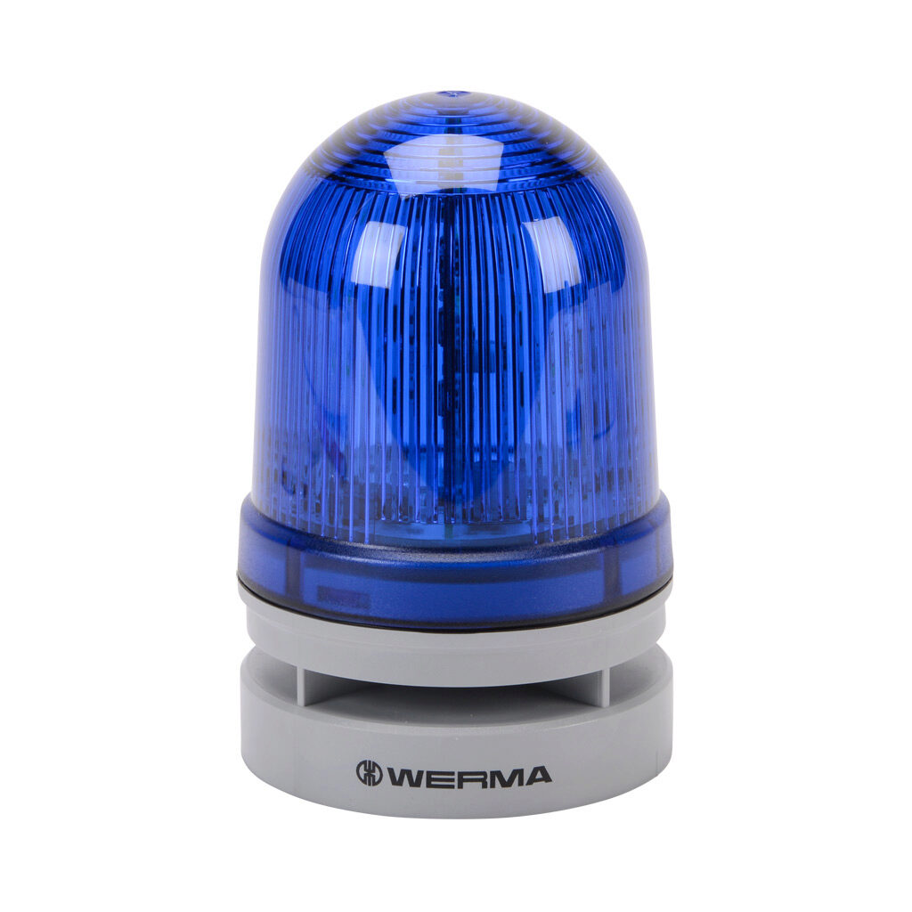 46151070 - WERMA EvoSIGNAL Midi TwinLIGHT series LED audible-visual signal beacon, 110 dB at 1m, (10) selectable tone(s), permanent or blinking (1 Hz ON for 480ms), blue, 85mm, 12/24 VAC/VDC, IP66. Requires mounting adapter.