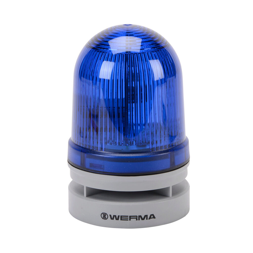 46152060 - WERMA EvoSIGNAL Midi TwinFLASH series LED audible-visual signal beacon, 110 dB at 1m, (10) selectable tone(s), double flash or EVS (Enhanced Visibility System) flashing (random flashing), blue, 85mm, 115-230 VAC, IP66. Requires mounting...