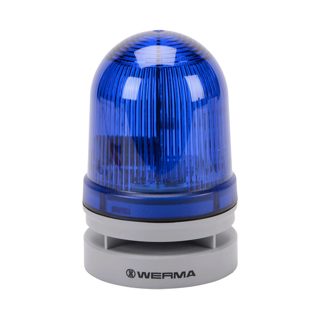 46152070 - WERMA EvoSIGNAL Midi TwinFLASH series LED audible-visual signal beacon, 110 dB at 1m, (10) selectable tone(s), double flash or EVS (Enhanced Visibility System) flashing (random flashing), blue, 85mm, 12/24 VAC/VDC, IP66. Requires mounti...
