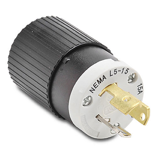 4721NP - Bryant industrial heavy duty locking blade plug, 15A, 125 VAC, 1-phase, 2-pole, 3-wire, NEMA L5-15, accepts cord size 0.3-0.65in, nylon housing, black and white.