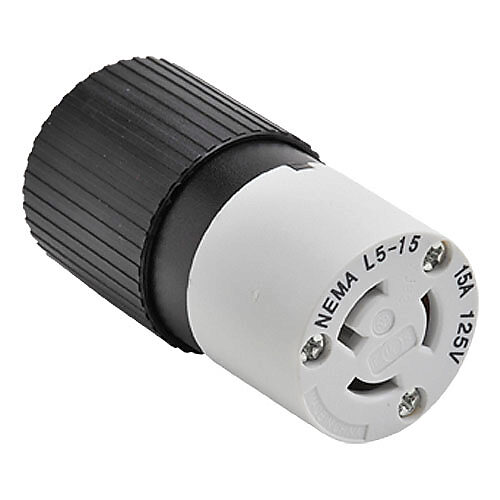 4732NC - Bryant industrial heavy duty locking blade connector, 15A, 125 VAC, 1-phase, 2-pole, 3-wire, NEMA L5-15, accepts cord size 0.3-0.65in, nylon housing, black and white.