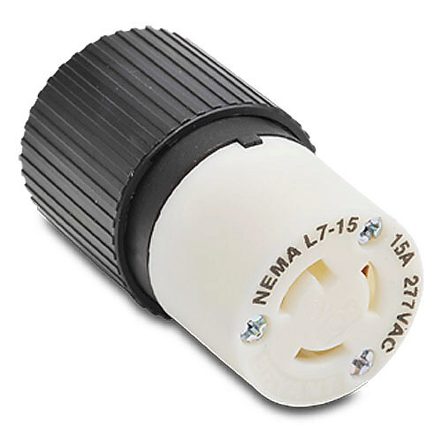 4779NC - Bryant industrial heavy duty locking blade connector, 15A, 277 VAC, 1-phase, 2-pole, 3-wire, NEMA L7-15, accepts cord size 0.3-0.65in, nylon housing, black and white.