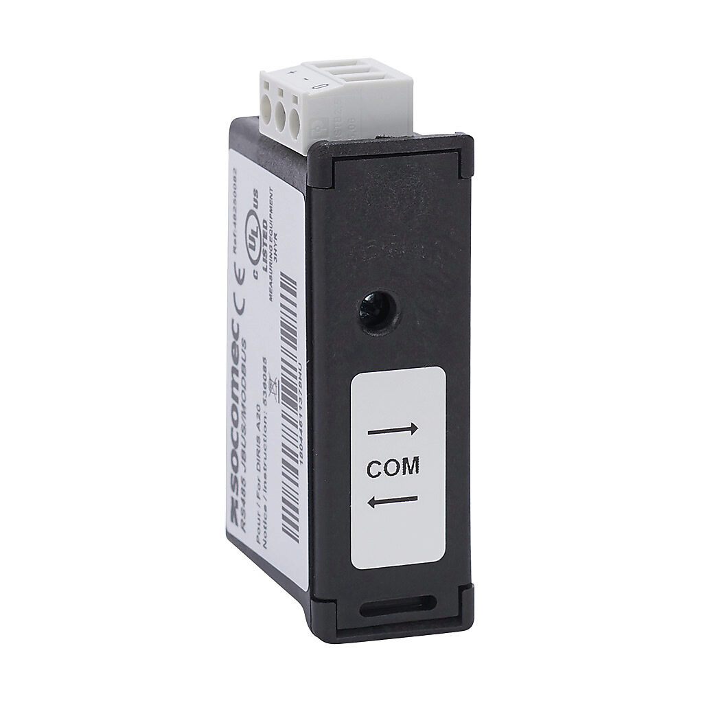 48250082 - Socomec output module, Modbus RTU, 1 port, (1) RS-485 (3-pin terminal) port(s). For use with DIRIS A20 power meter. Internal switch-selectable 120 ohm terminating resistor included.