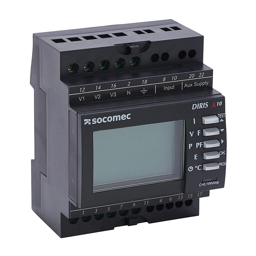 4825U011 - Socomec DIRIS A10 power meter, current and voltage input, 3-line backlit LCD, configurable output, 110-277 VAC operating voltage, Modbus RTU.