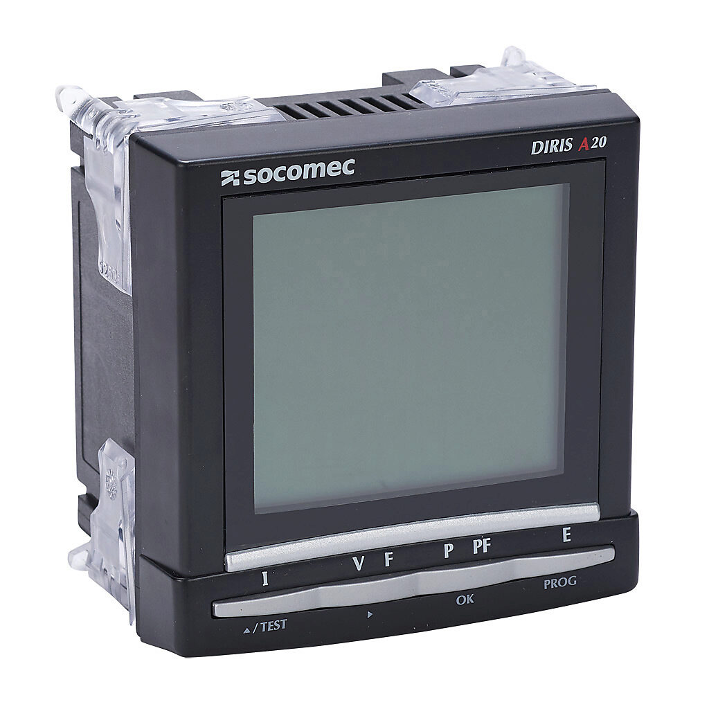 4825U200 - Socomec DIRIS A20 power meter, current and voltage input, 3-line backlit LCD, 110-240 VAC/120-250 VDC operating voltage.