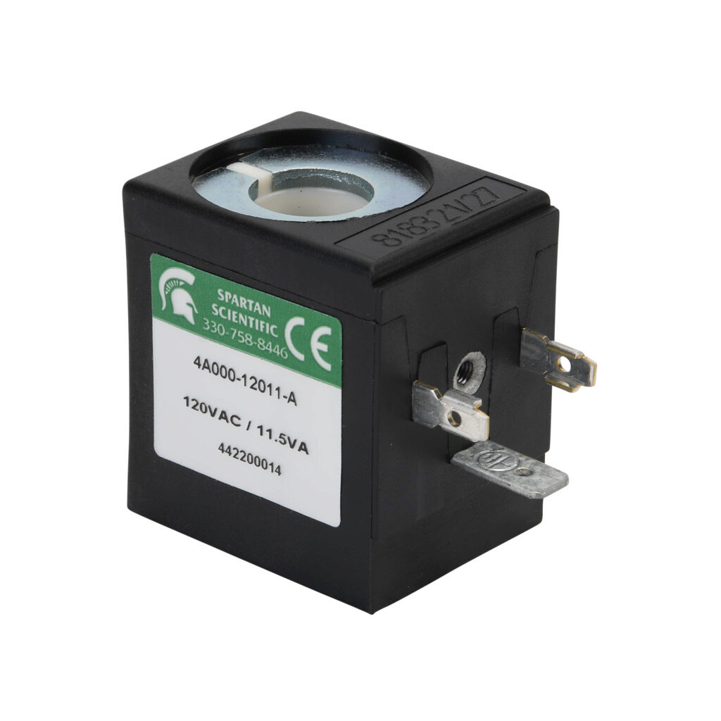 4A000-12011-A - Spartan solenoid coil, 120 VAC, 11.5 VA, 18mm DIN style wiring plug. For use with 6100, 6200 and 6222 series Spartan valves.