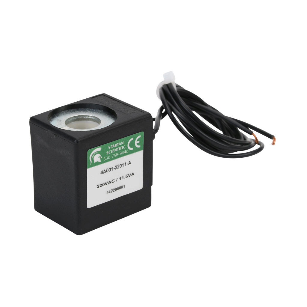 4A001-22011-A - Spartan solenoid coil, 220 VAC, 11.5 VA, 18mm DIN style wiring plug. For use with 6100, 6200 and 6222 series Spartan valves.