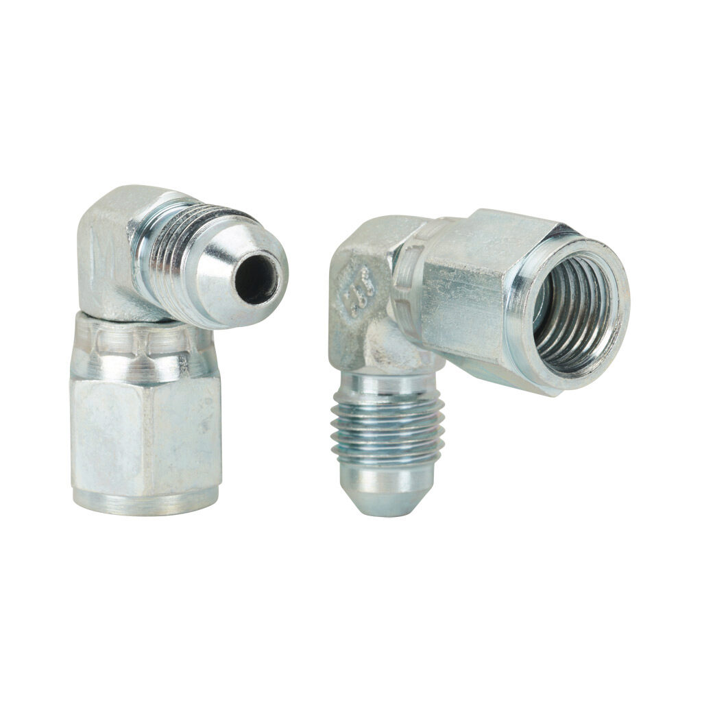 4MJ-4FJX90 - HY-TECH hydraulic fluid adapter, elbow, plated steel body, (1) -4 male JIC 37 deg and (1) -4 female JIC 37 deg. Package of 2.