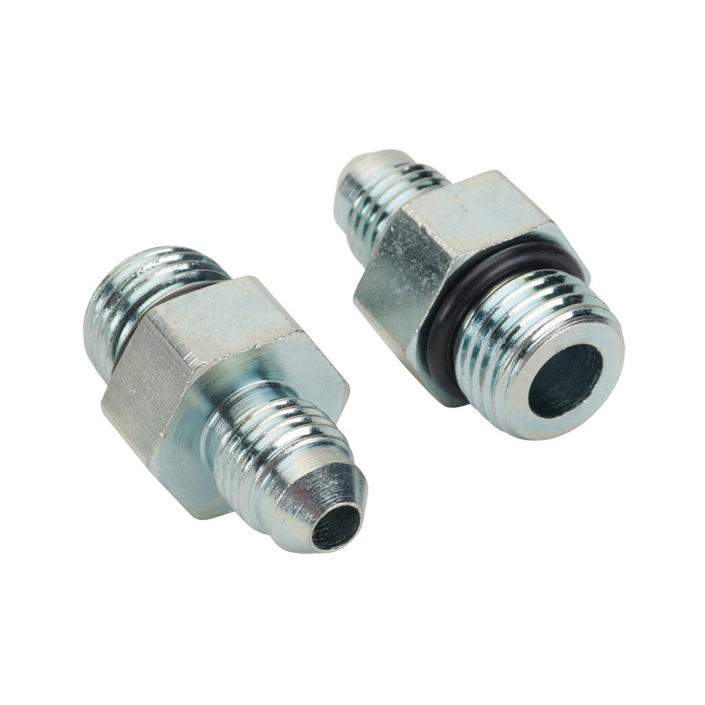 4MJ-6MB - HY-TECH hydraulic fluid adapter, straight, plated steel body, (1) -4 male JIC 37 deg and (1) -6 male o-ring boss. Package of 2.