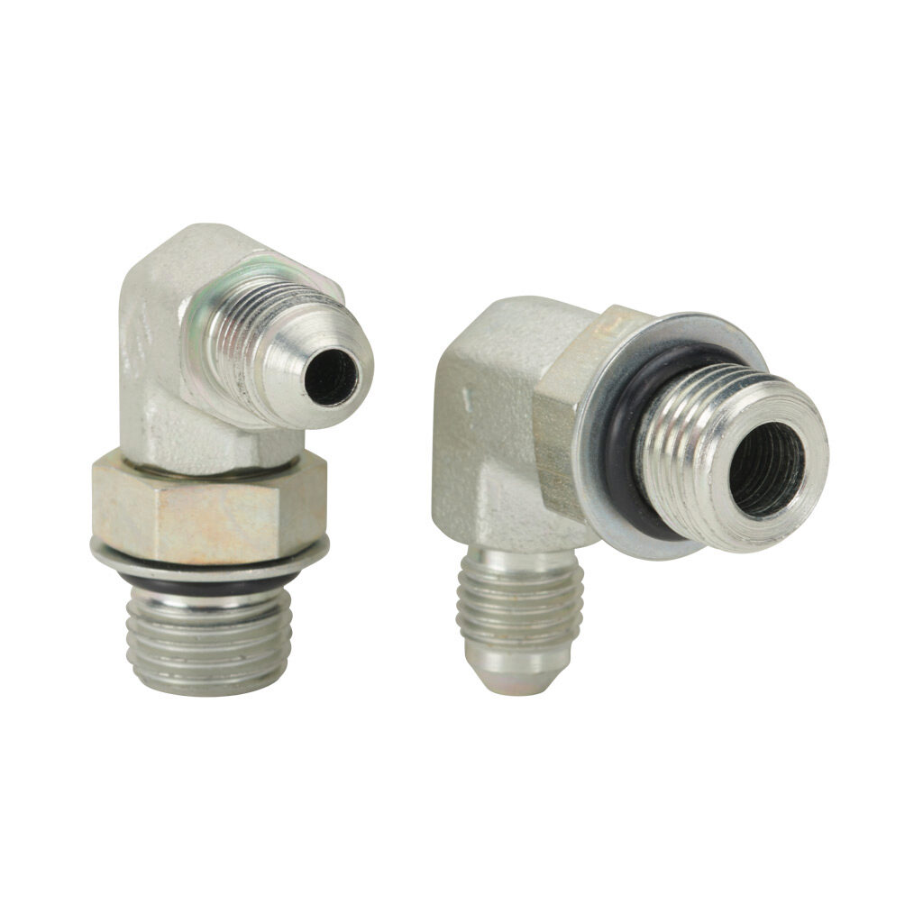 4MJ-6MB90 - HY-TECH hydraulic fluid adapter, elbow, plated steel body, (1) -4 male JIC 37 deg and (1) -6 male o-ring boss. Package of 2.