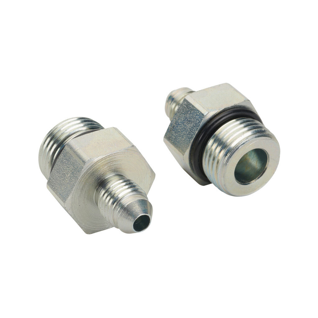 4MJ-8MB - HY-TECH hydraulic fluid adapter, straight, plated steel body, (1) -4 male JIC 37 deg and (1) -8 male o-ring boss. Package of 2.