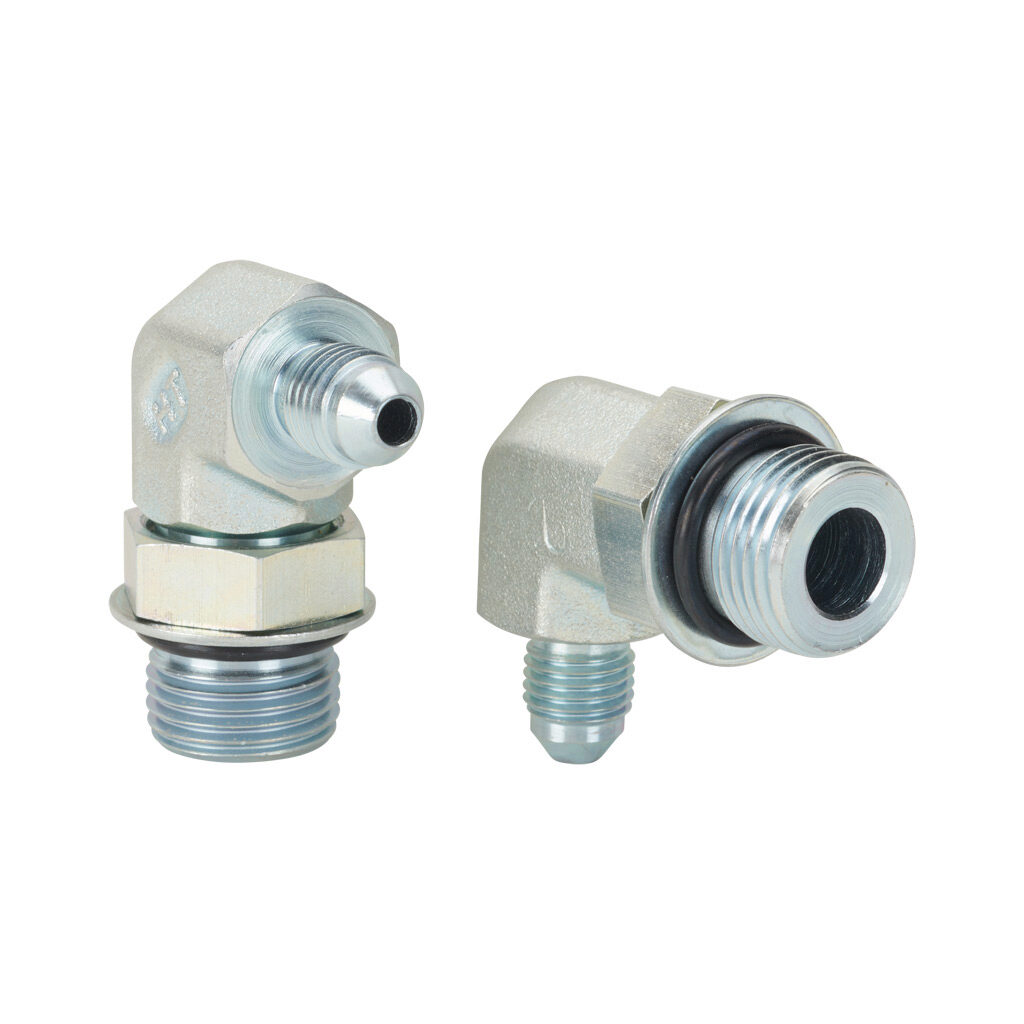 4MJ-8MB90 - HY-TECH hydraulic fluid adapter, elbow, plated steel body, (1) -4 male JIC 37 deg and (1) -8 male o-ring boss. Package of 2.