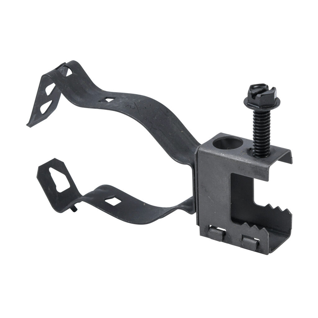 500KC112B-10 - Minerallac screw-on beam clamp conduit hanger assembly, spring clip, back mount, 100 lbs. Package of 10. For use with flanges up to 1/2in and 1-1/2in conduit.