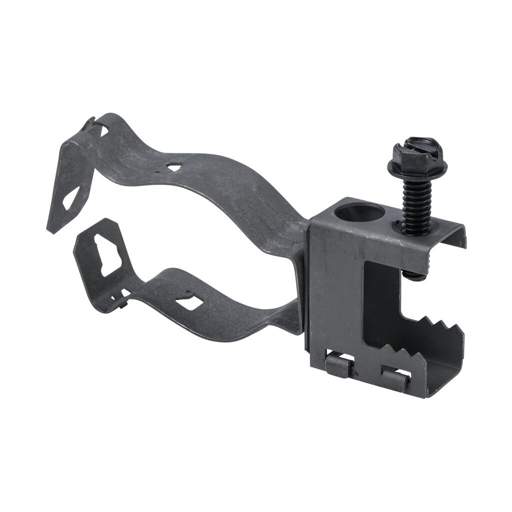 500KC114B - Minerallac screw-on beam clamp conduit hanger assembly, spring clip, back mount, 100 lbs. Package of 100. For use with flanges up to 1/2in and 1-1/4in conduit.