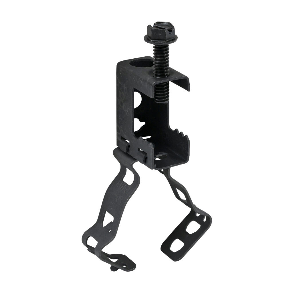 500KC1234 - Minerallac screw-on beam clamp conduit hanger assembly, spring clip, bottom mount, 100 lbs. Package of 100. For use with flanges up to 1/2in and 1/2 or 3/4in conduit.