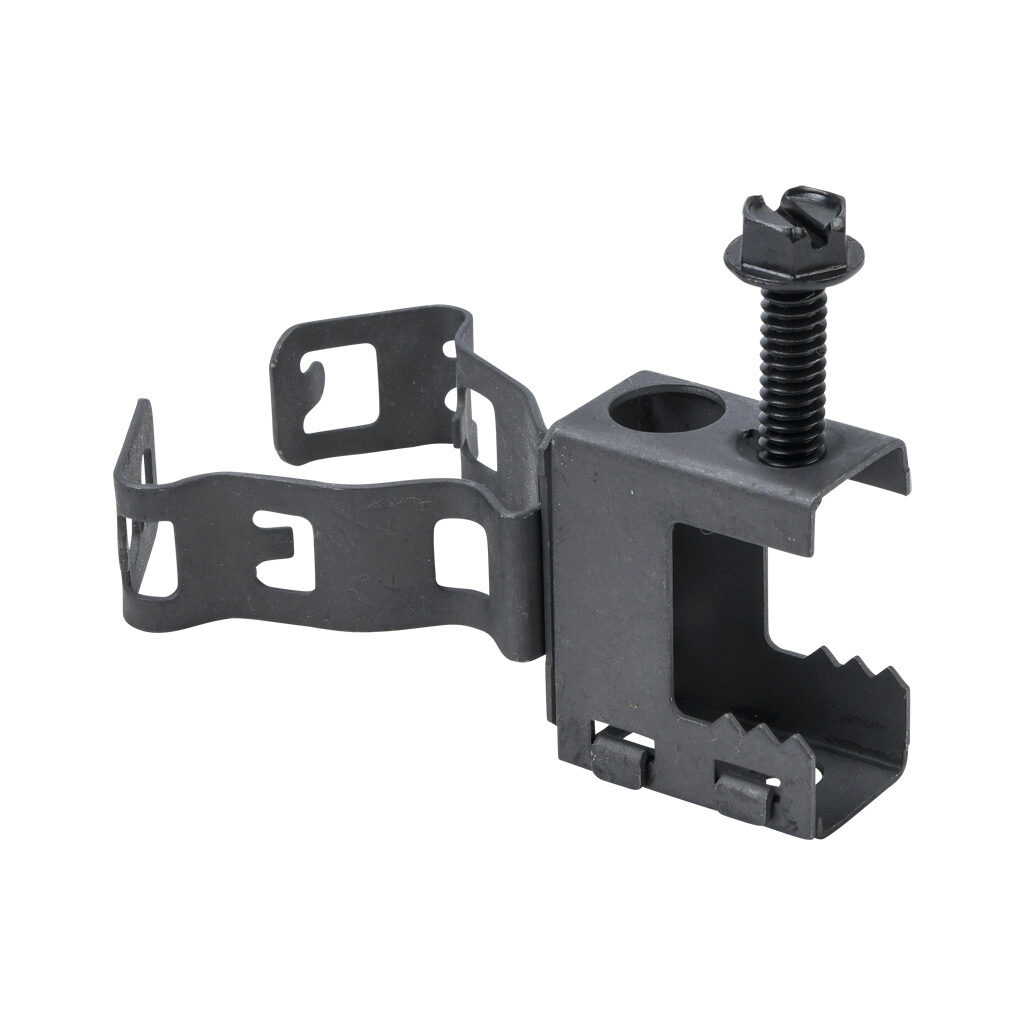 500KC1234B - Minerallac screw-on beam clamp conduit hanger assembly, spring clip, back mount, 100 lbs. Package of 100. For use with flanges up to 1/2in and 1/2 or 3/4in conduit.