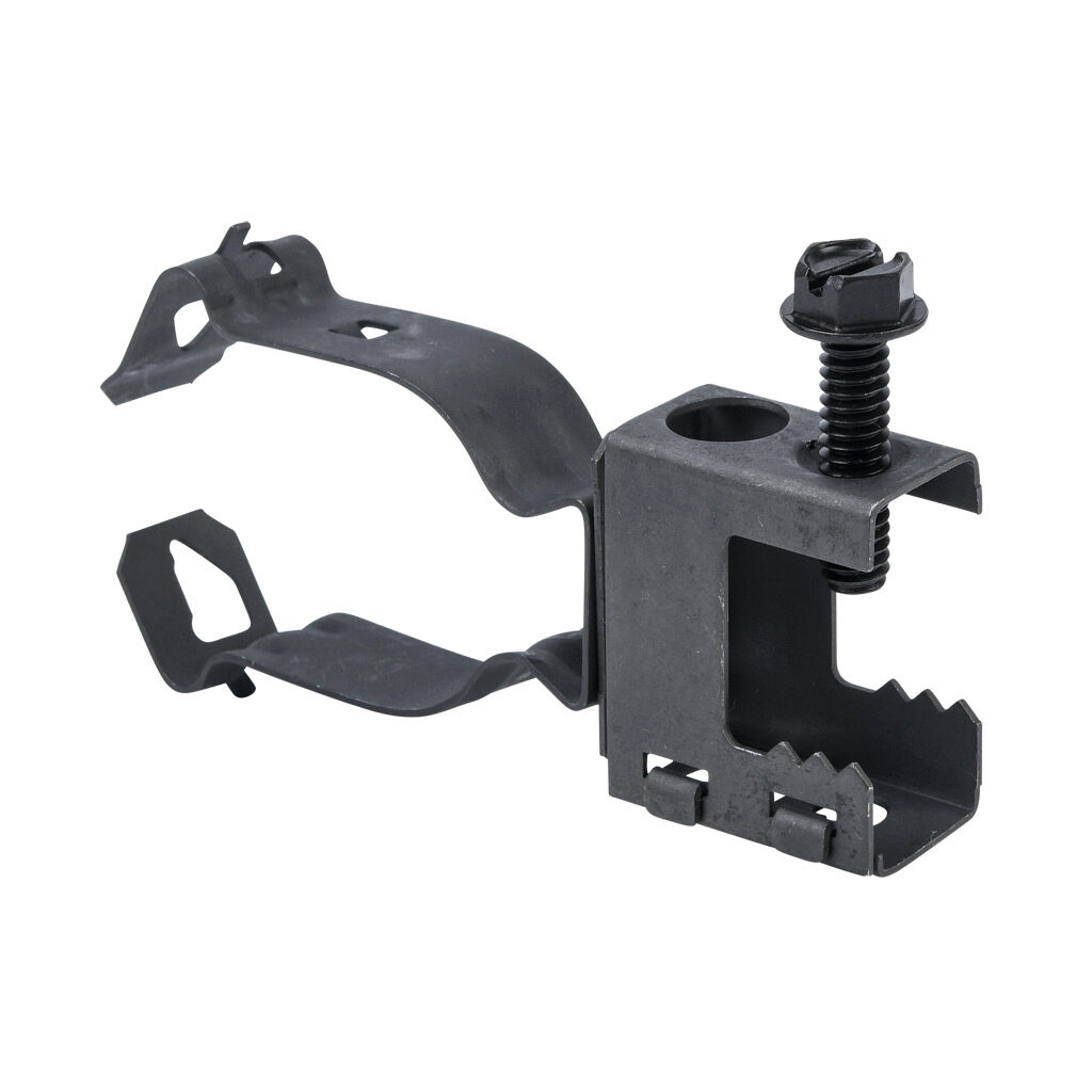 500KC1B - Minerallac screw-on beam clamp conduit hanger assembly, spring clip, back mount, 100 lbs. Package of 100. For use with flanges up to 1/2in and 1in conduit.