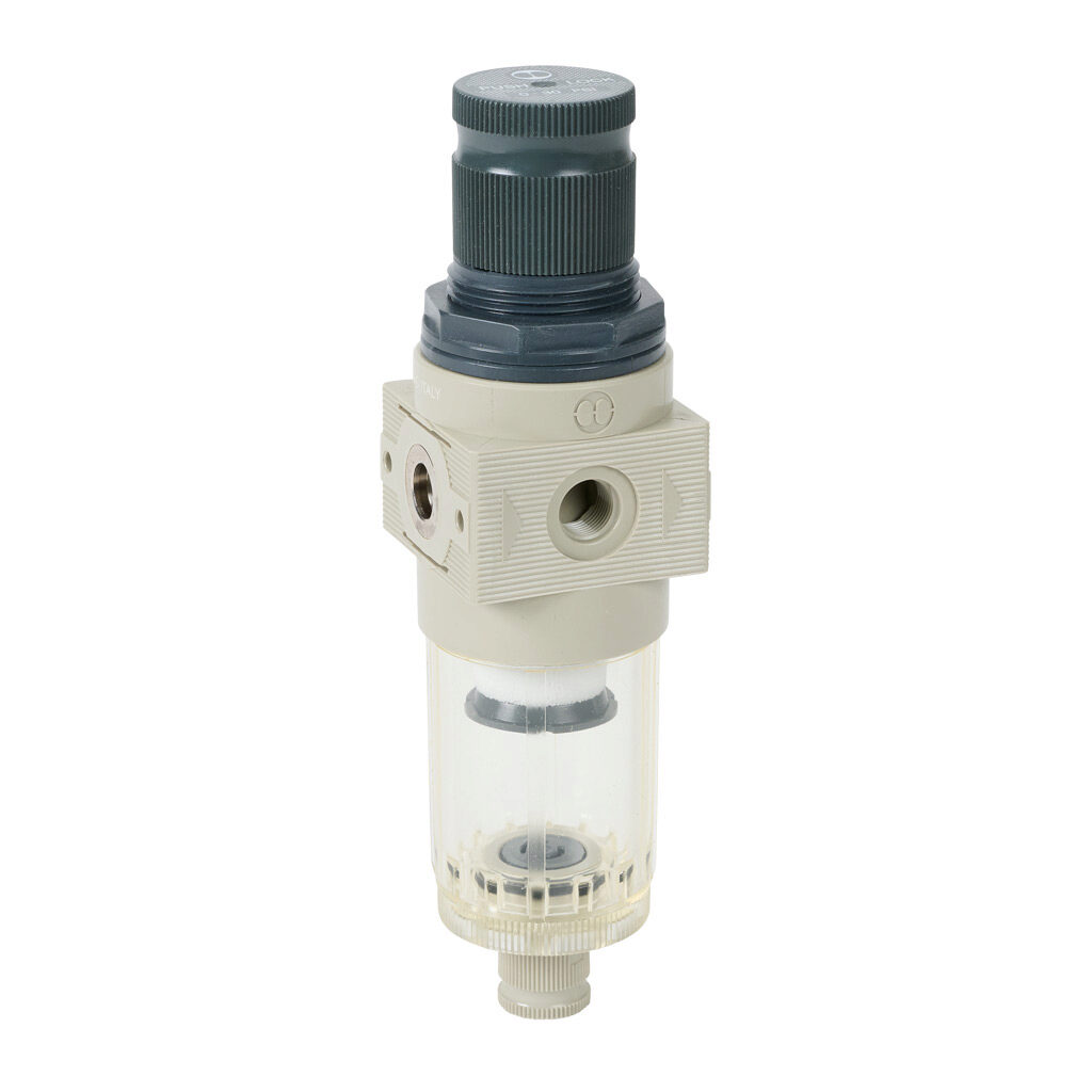 5105002U - Metal Work BIT air filter-regulator, 1/8in female NPT inlet(s), 1/8in female NPT outlet(s), 0-30 psig range, manual/semi-automatic drain, clear technopolymer bowl. For use with Metal Work BIT series air prep components.