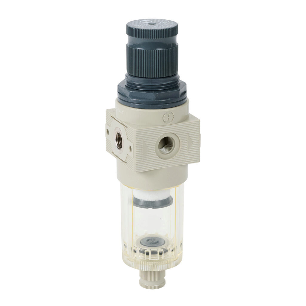 5105005U - Metal Work BIT air filter-regulator, 1/8in female NPT inlet(s), 1/8in female NPT outlet(s), 0-60 psig range, manual/semi-automatic drain, clear technopolymer bowl. For use with Metal Work BIT series air prep components.
