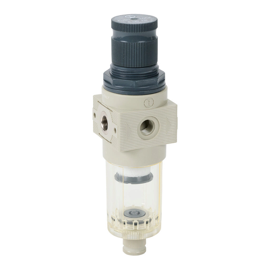 5105008U - Metal Work BIT air filter-regulator, 1/8in female NPT inlet(s), 1/8in female NPT outlet(s), 0-120 psig range, manual/semi-automatic drain, clear technopolymer bowl. For use with Metal Work BIT series air prep components.