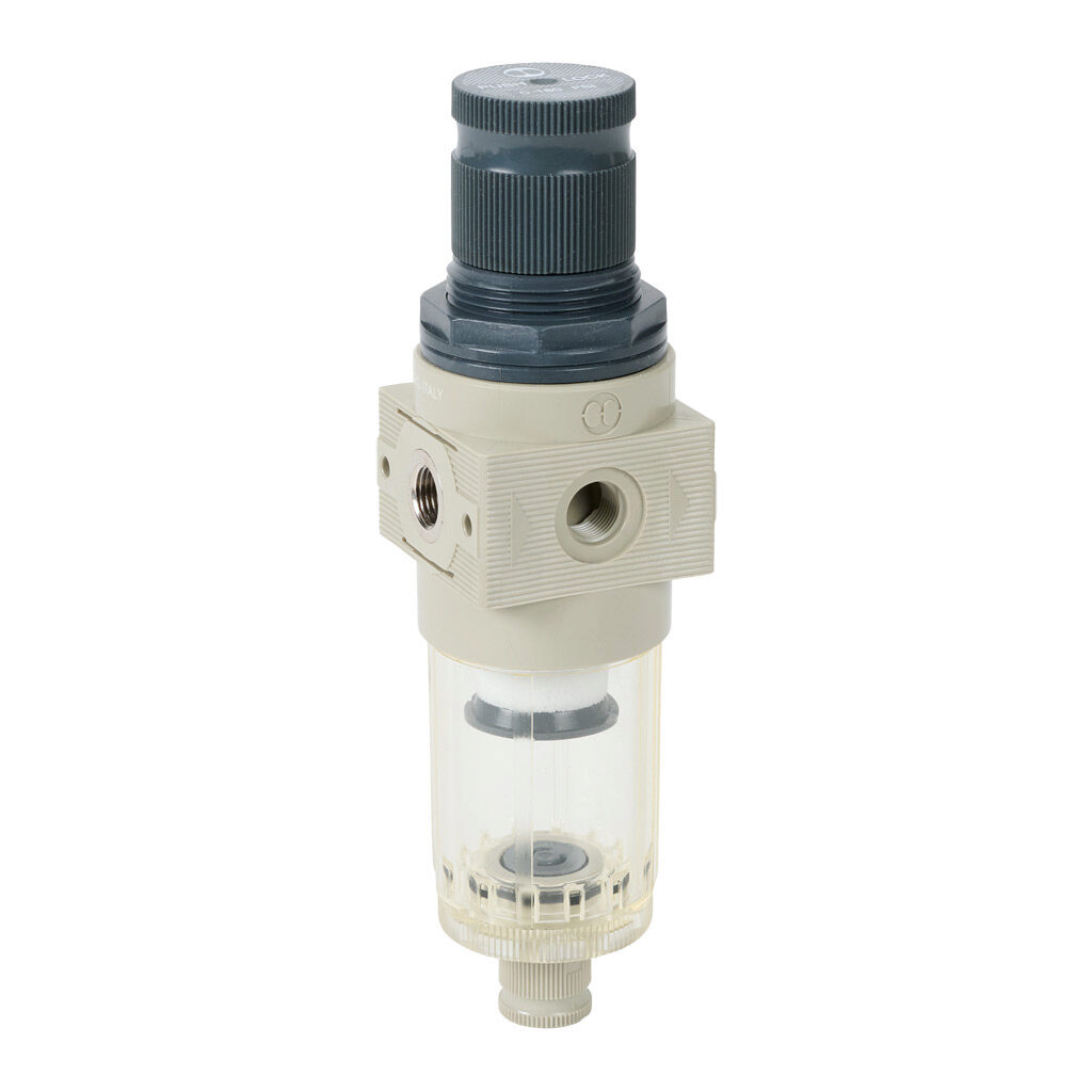 5105011U - Metal Work BIT air filter-regulator, 1/8in female NPT inlet(s), 1/8in female NPT outlet(s), 0-180 psig range, manual/semi-automatic drain, clear technopolymer bowl. For use with Metal Work BIT series air prep components.