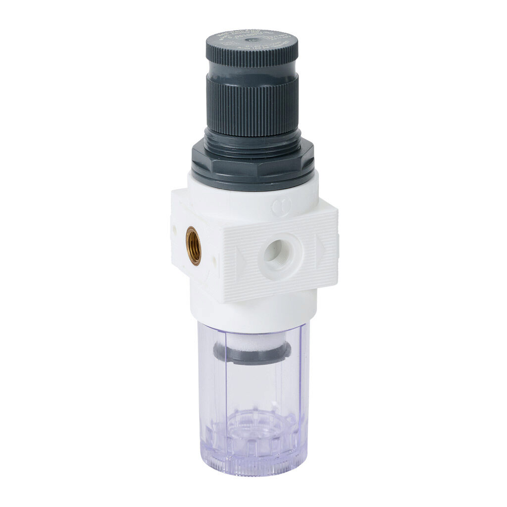 5105105FU - Metal Work BIT potable water filter-regulator, 1/8in female NPT inlet(s), 1/8in female NPT outlet(s), 0-60 psig range, manual/semi-automatic drain, clear technopolymer bowl. For use with Metal Work BIT series water components.