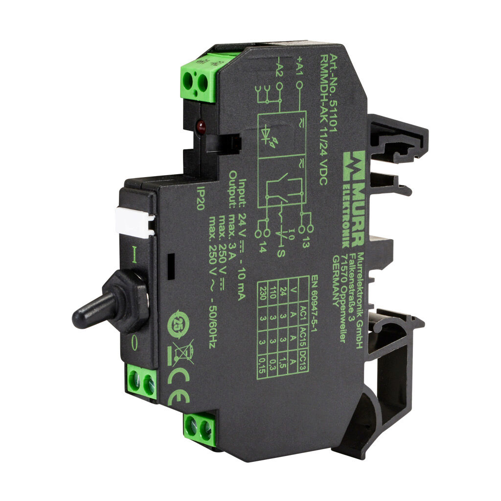 51101 - Murrelektronik interface relay, 35mm DIN rail mount, finger-safe, 24 VDC coil voltage, SPST, (1) N.O., 3A contact rating, 250 VAC/VDC load voltage, manual-auto toggle switch, screw terminal(s), LED indicator(s).