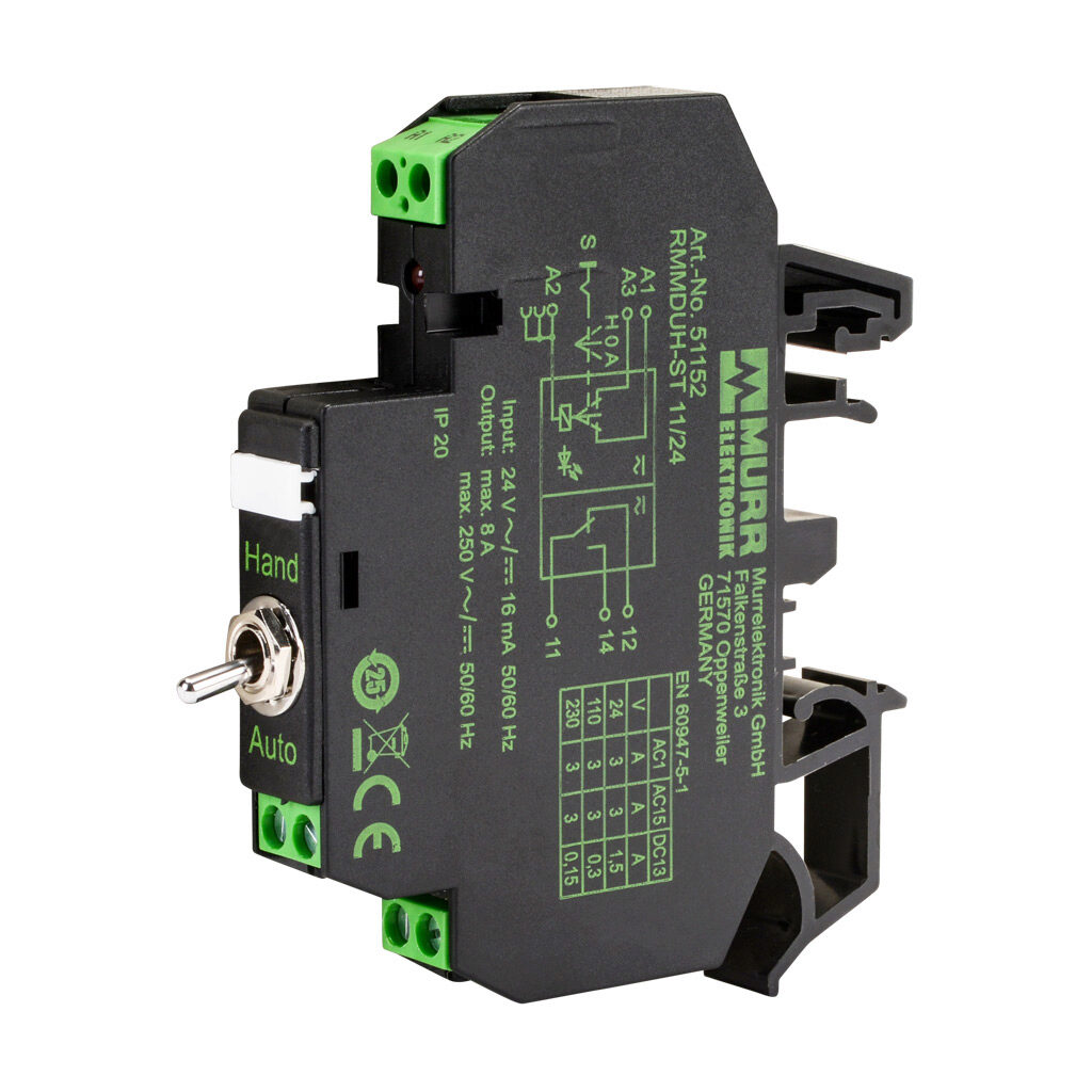 51152 - Murrelektronik interface relay, 35mm DIN rail mount, finger-safe, 24 VAC/VDC coil voltage, SPDT, (1) N.O., (1) N.C., 8A contact rating, 250 VAC/VDC load voltage, H-O-A toggle switch, screw terminal(s), LED indicator(s).