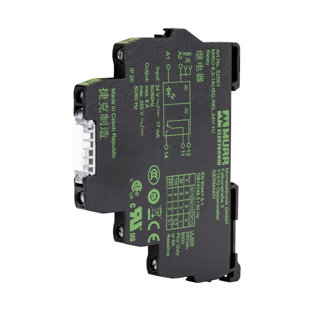 52001 - Murrelektronik interface relay, 35mm DIN rail mount, finger-safe, 24 VAC/VDC coil voltage, SPDT, (1) N.O., (1) N.C., 6A contact rating, 250 VAC/VDC load voltage, screw terminal(s), LED indicator(s).
