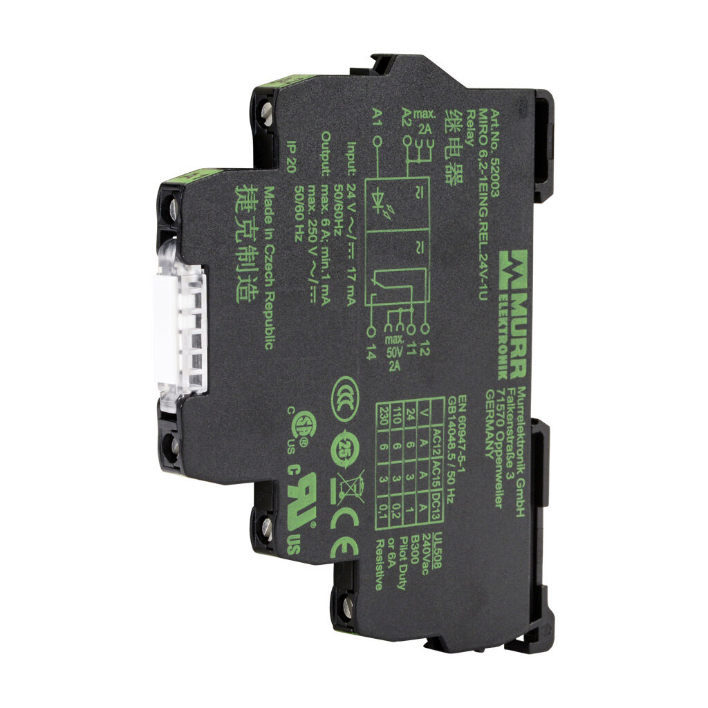52003 - Murrelektronik interface relay, 35mm DIN rail mount, finger-safe, 24 VAC/VDC coil voltage, SPDT, (1) N.O., (1) N.C., 6A contact rating, 250 VAC/VDC load voltage, screw terminal(s), LED indicator(s).