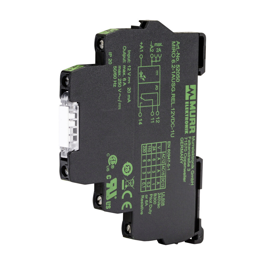52050 - Murrelektronik interface relay, 35mm DIN rail mount, finger-safe, 12 VDC coil voltage, SPDT, (1) N.O., (1) N.C., 6A contact rating, 250 VAC/VDC load voltage, screw terminal(s), LED indicator(s).