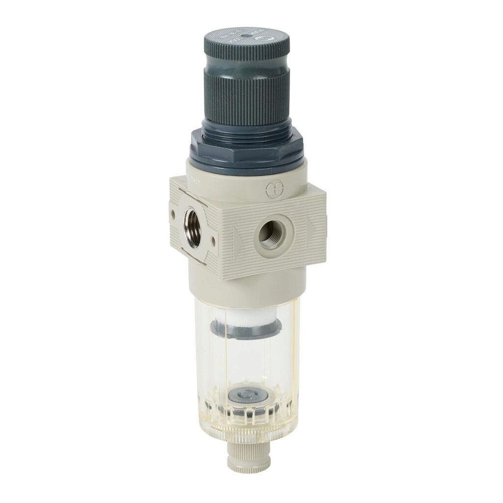 5205002U - Metal Work BIT air filter-regulator, 1/4in female NPT inlet(s), 1/4in female NPT outlet(s), 0-30 psig range, manual/semi-automatic drain, clear technopolymer bowl. For use with Metal Work BIT series air prep components.