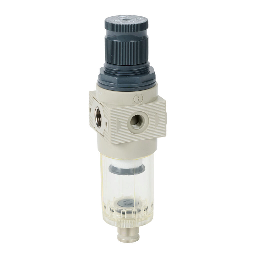 5205008U - Metal Work BIT air filter-regulator, 1/4in female NPT inlet(s), 1/4in female NPT outlet(s), 0-120 psig range, manual/semi-automatic drain, clear technopolymer bowl. For use with Metal Work BIT series air prep components.