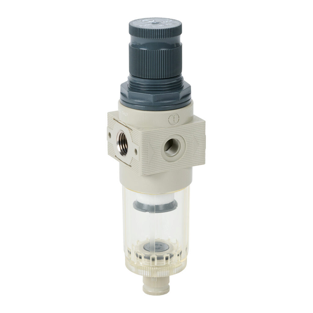 5205011U - Metal Work BIT air filter-regulator, 1/4in female NPT inlet(s), 1/4in female NPT outlet(s), 0-180 psig range, manual/semi-automatic drain, clear technopolymer bowl. For use with Metal Work BIT series air prep components.