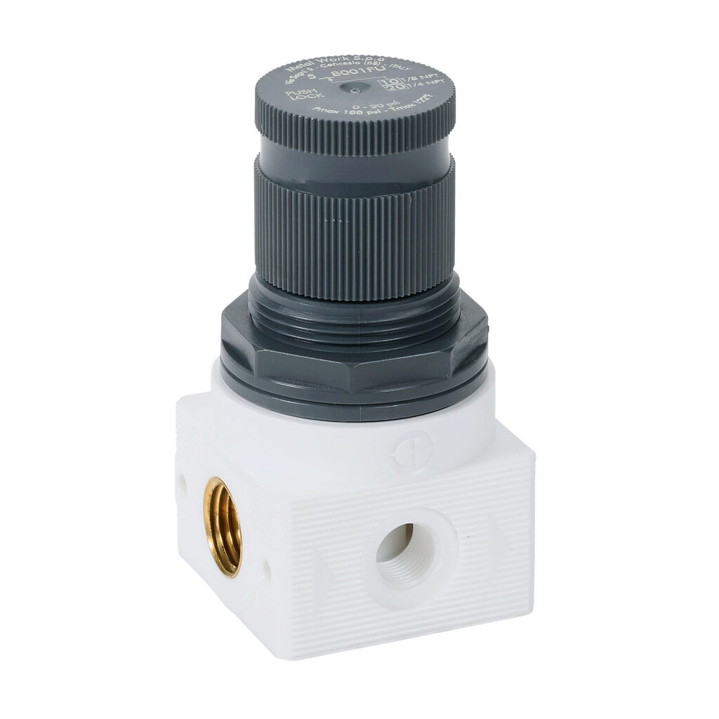 5208001FU - Metal Work BIT potable water regulator, 1/4in female NPT inlet(s), 1/4in female NPT outlet(s), 0-30 psig range. For use with Metal Work BIT series water components.
