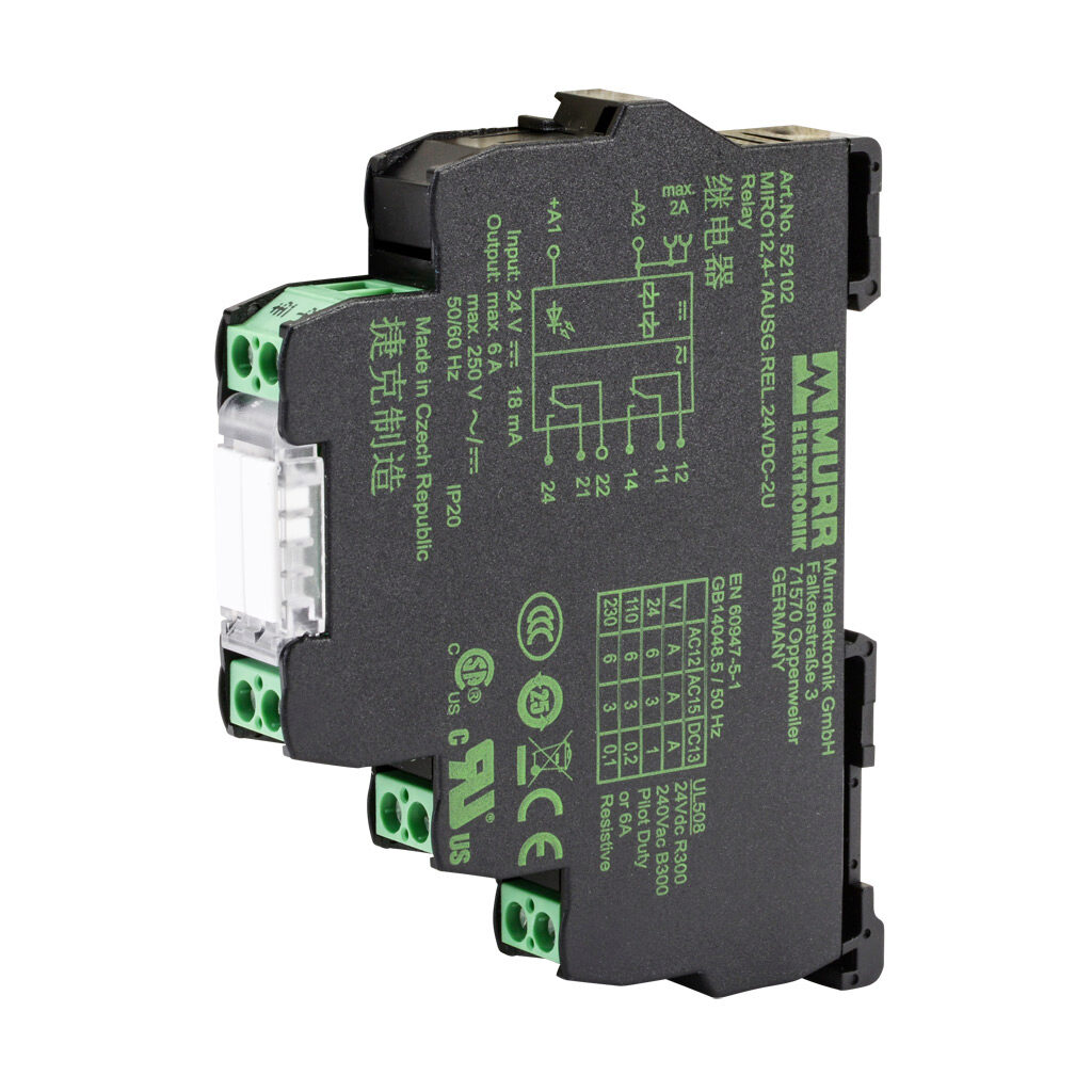 52103 - Murrelektronik interface relay, 35mm DIN rail mount, finger-safe, 24 VAC/VDC coil voltage, DPDT, (2) N.O., (2) N.C., 6A contact rating, 250 VAC/VDC load voltage, screw terminal(s), LED indicator(s).