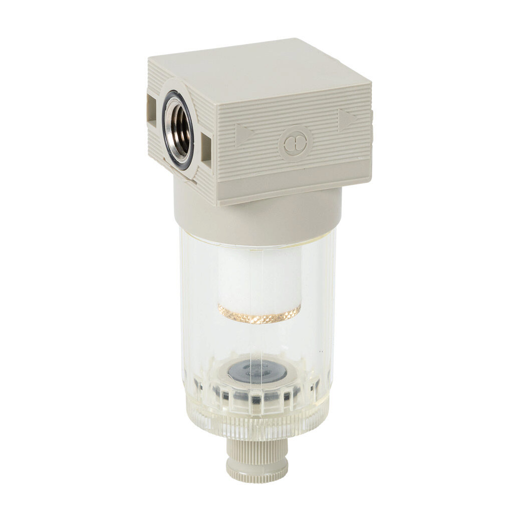5212001U - Metal Work BIT air filter, coalescing oil removal, 1/4in female NPT inlet(s), 1/4in female NPT outlet(s), manual/semi-automatic drain, clear technopolymer bowl. For use with Metal Work BIT series air prep components.