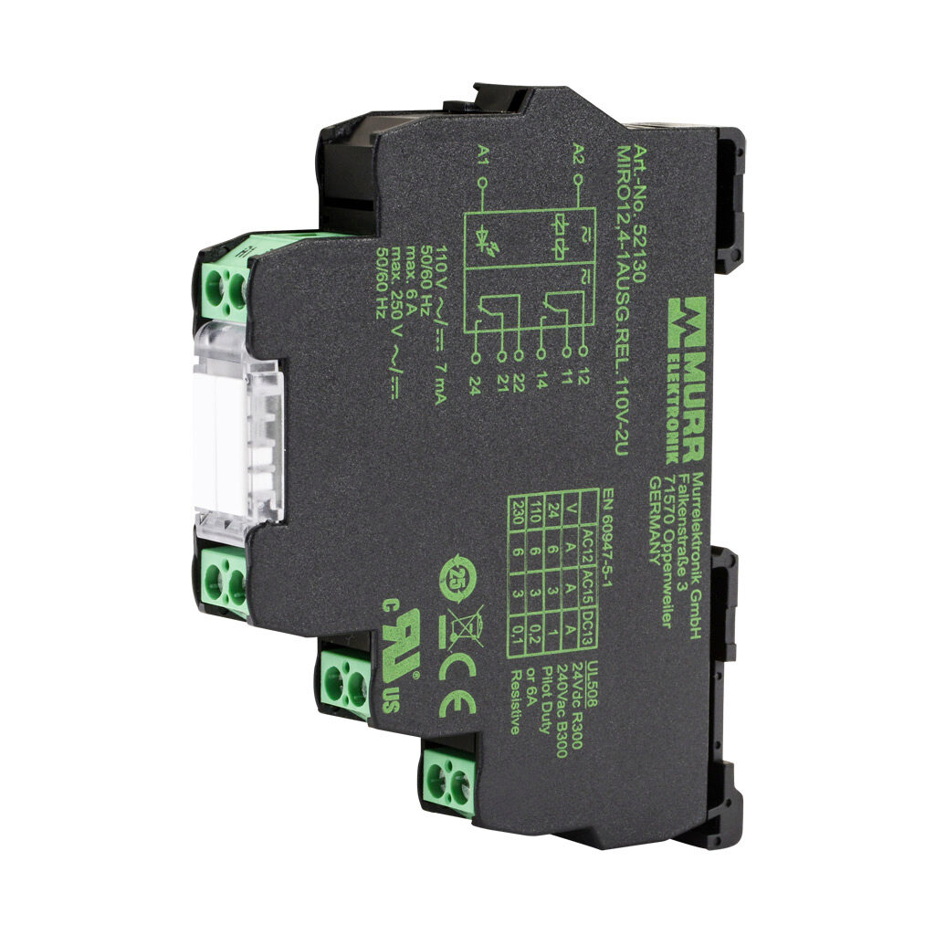 52130 - Murrelektronik interface relay, 35mm DIN rail mount, finger-safe, 110 VAC/VDC coil voltage, DPDT, (2) N.O., (2) N.C., 6A contact rating, 250 VAC/VDC load voltage, screw terminal(s), LED indicator(s).