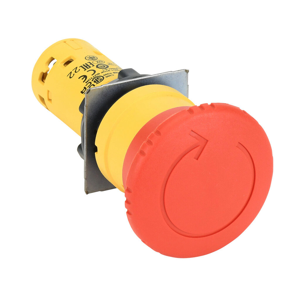 522235 - IDEM compact emergency stop pushbutton, IP54, 22mm, twist-to-release, (2) N.C. contact(s), plastic base, plastic bezel, Operator: red, mushroom, 40mm, round, plastic. For use with UGB series universal gate boxes.