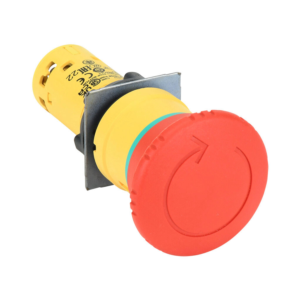 522236 - IDEM compact emergency stop pushbutton, IP54, 22mm, twist-to-release, (1) N.O./(1) N.C. contact(s), plastic base, plastic bezel, Operator: red, mushroom, 40mm, round, plastic. For use with UGB series universal gate boxes.