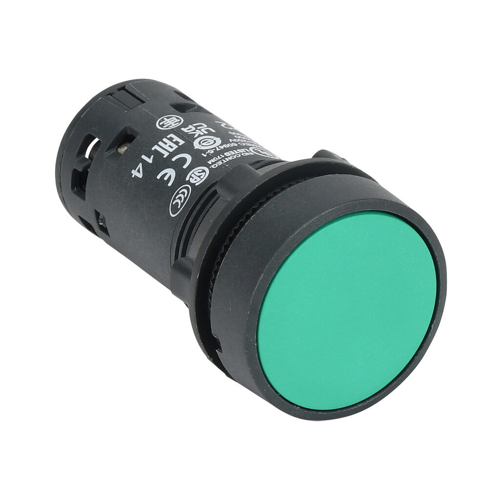 522332 - IDEM compact pushbutton, IP65, 22mm, momentary, (1) N.O./(1) N.C. contact(s), plastic base, plastic bezel, Operator: green, flush, 29mm, round, plastic. For use with UGB series universal gate boxes.